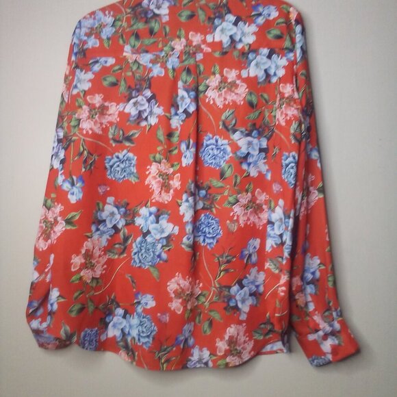 H & M Shirt Women 12 Button Front Long Sleeve Floral Red Blue Green - Picture 12 of 14